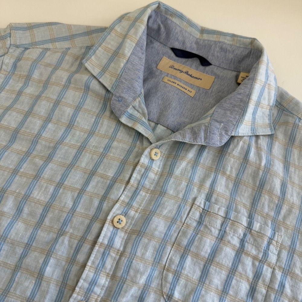 Tommy Bahama Blue Plaid Linen Island Modern Fit Short Sleeve Button Down Men Med